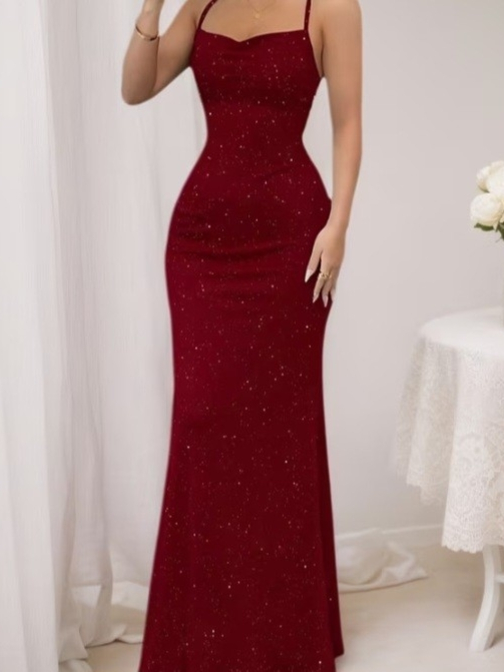 Sparkling Burgundy Maxi Evening Dress with Thin Straps
